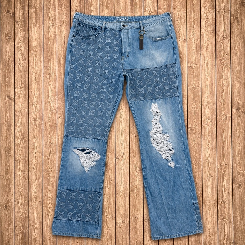 PRPS Barracuda Relaxed Fit Jeans Mens 42x35 Distressed Patchwork Monogram
